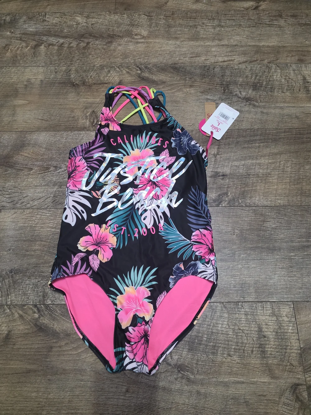 Justice Girls'  Tropical Floral One-Piece Swimsuit Pink Accents Size Large 12/14